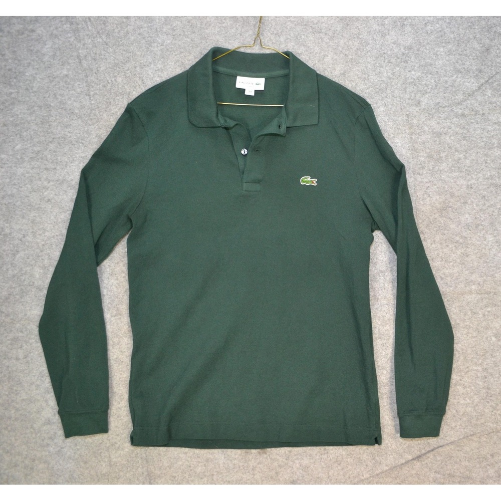 Lacoste Polo Shirt Mens M Green Slim Fit Long Sleeve Knit Croc Logo Pique Casual